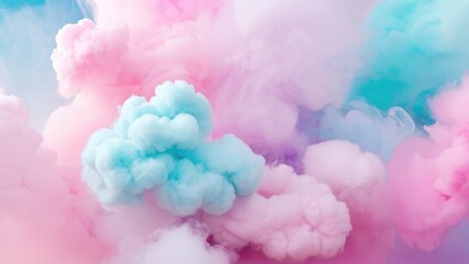 Fototapeta premium Fluffy, pastel-hued clouds in shades of pink and blue fill the scene, creating a whimsical and serene ambiance reminiscent of a soft, ethereal landscape