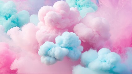 Obraz premium Fluffy, pastel-hued clouds in shades of pink and blue fill the scene, creating a whimsical and serene ambiance reminiscent of a soft, ethereal landscape