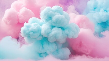 Obraz premium Fluffy, pastel-hued clouds in shades of pink and blue fill the scene, creating a whimsical and serene ambiance reminiscent of a soft, ethereal landscape