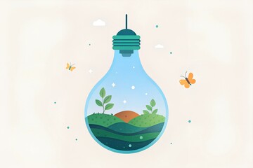A light bulb repurposed as a terrarium, filled with delicate moss, small flowers, and tiny butterflies