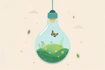 A light bulb repurposed as a terrarium, filled with delicate moss, small flowers, and tiny butterflies