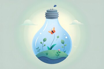 A light bulb repurposed as a terrarium, filled with delicate moss, small flowers, and tiny butterflies