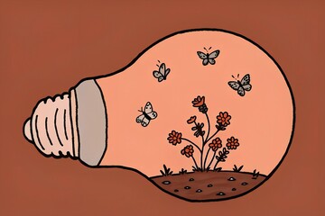 A light bulb repurposed as a terrarium, filled with delicate moss, small flowers, and tiny butterflies