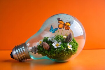 A light bulb repurposed as a terrarium, filled with delicate moss, small flowers, and tiny butterflies