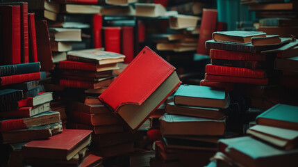 Obraz premium Red books appear and open one by one next to a pile of books, creating a dynamic and engaging visual effect. This stop motion animation highlights the transition from a static pile to an active displ