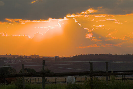 Nürtingen, Wolfschlugen, Midsummer, Thundercloud, Sunset, Red sky, Horse, Paddock, Grazing fence, Backlight