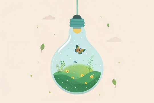 A light bulb repurposed as a terrarium, filled with delicate moss, small flowers, and tiny butterflies