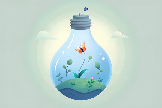 A light bulb repurposed as a terrarium, filled with delicate moss, small flowers, and tiny butterflies