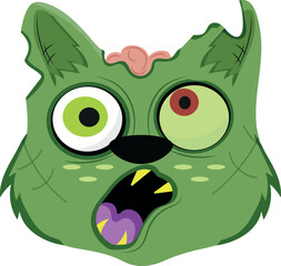 Halloween character for the holiday, namely a zombie cat with different eyes and an open brain, vector