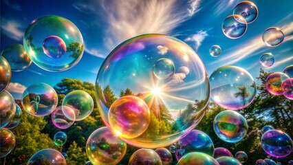 Naklejka premium Soap Bubbles Floating in Bright Sunlight with Blue Sky and Green Trees