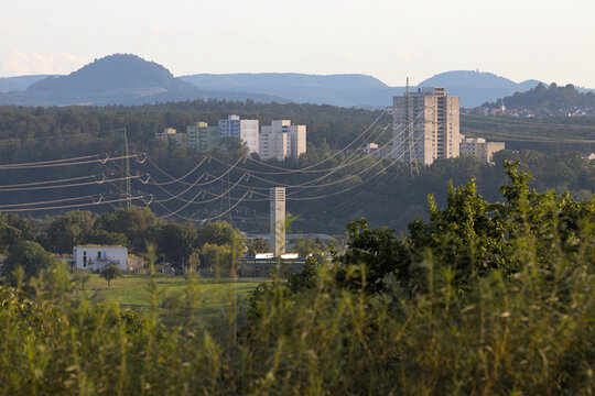 N&uuml;rtingen, Schw&auml;bische Alb, Skyline, Summer, Meadow, Forest, Sky, Hills, Residential buildings, Power line, Church, Achalm, Grafenberg, Rossdorf
