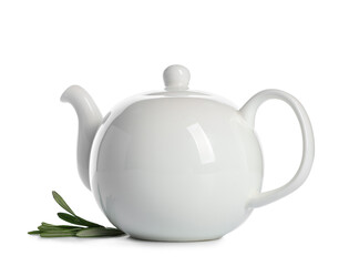 Teapot of hot rosemary tea on white background