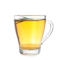 Glass cup of hot rosemary tea on white background