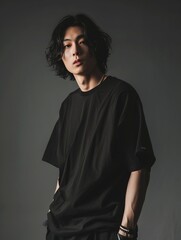 An Asian male model wearing a black heavyweight cotton small neckline oversize basic T-shir