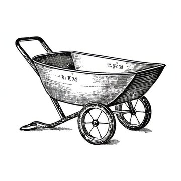 recommend clip art: Detailed Black and White Illustration of a Vintage Wheelbarrow, Retro Garden Tool Drawing with "E.K. M" Text