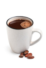 Cup of hot chocolate                                                                           with cocoa beans on white background