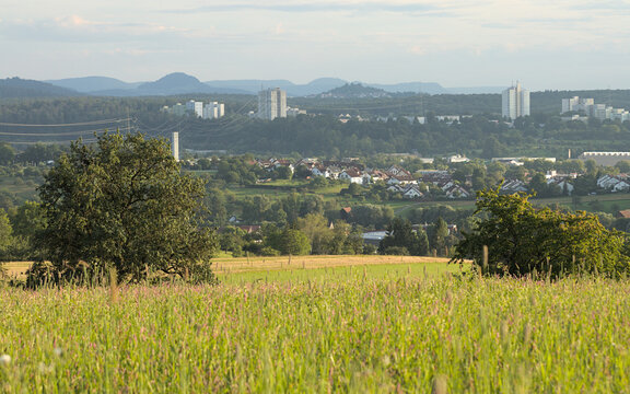 N&uuml;rtingen, Schw&auml;bische Alb, Skyline, Summer, Meadow, Hills, Trees, Residential buildings,