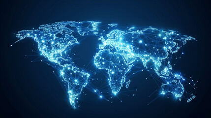 Interconnected world map highlighting global trade and economic ties, showcasing a global network of connectivity with data transfer, cyber technology, information exchange