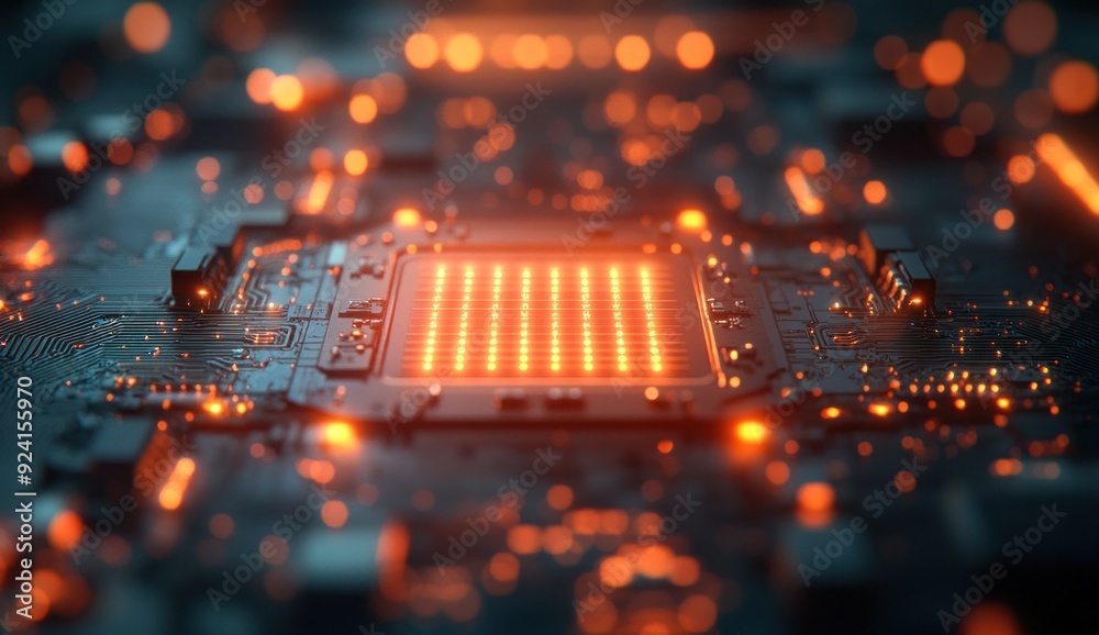 Canvas Prints close-up of a computer chip with glowing orange lights