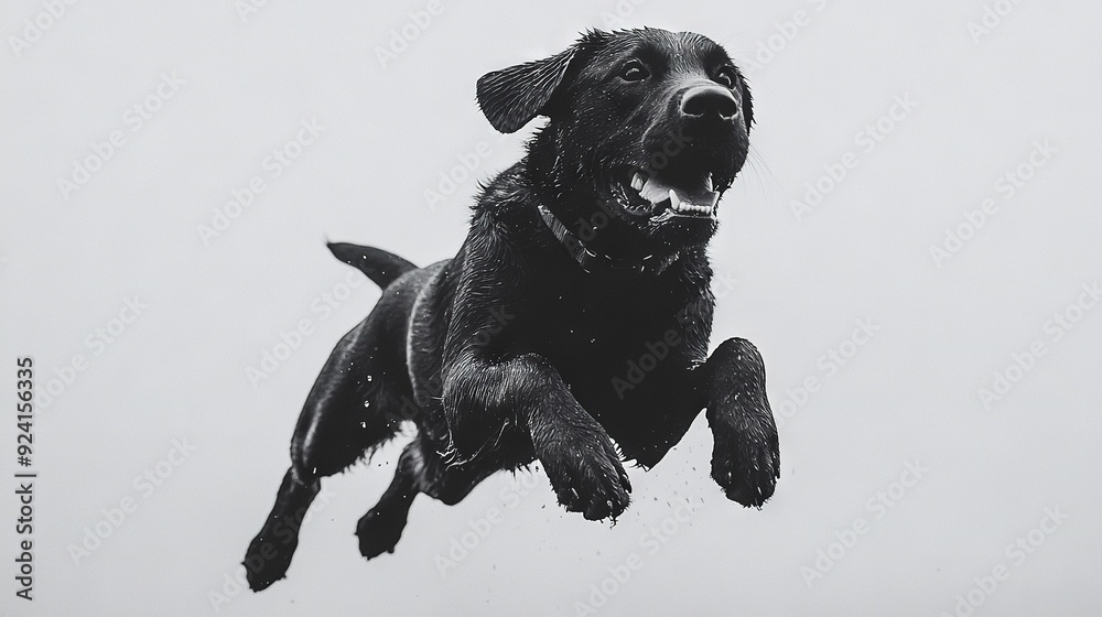 Wall mural   A black dog jumps into the air with its front paws extended