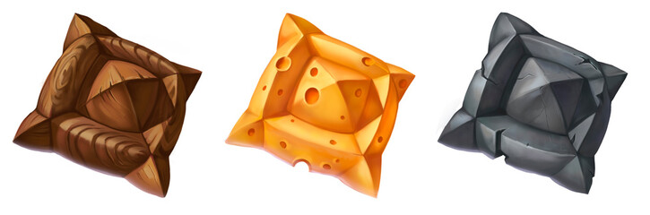 Rhombus shape amulet for 2d game casual hand drawn graphics mobile games perspective icon, square amulet wooden texture wood stone cheese fairytale object props design clip art illustration isolated 