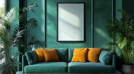  Picture frame mock-up in the interior of a modern living room on a green wall design with a sofa and a plant in a vase, transparent wall art mockup design 
