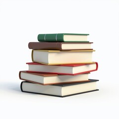 Stack of colorful hardback books piled on a plain white background.