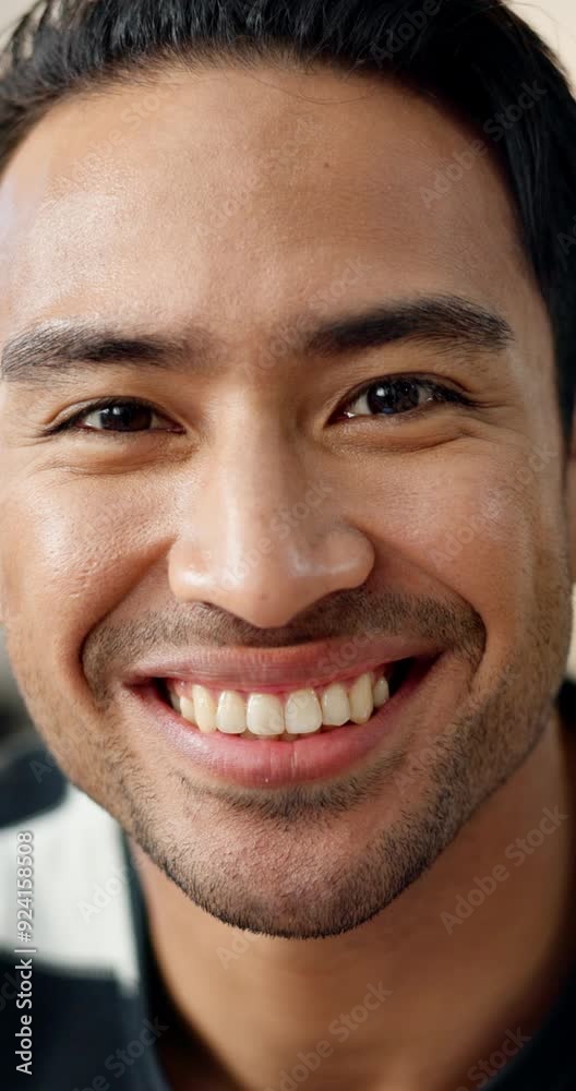 Sticker Face, smile and a happy asian man closeup with teeth for dental hygiene, oral care or mouth health. Portrait, eyes and wellness with a confident young person looking natural, carefree or relaxed