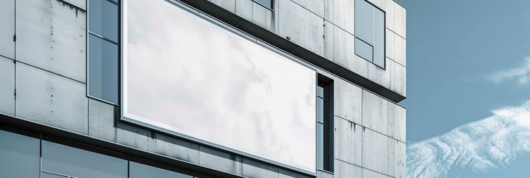 Vertical banner poster mockup on a contemporary building facade for outdoor advertising display.