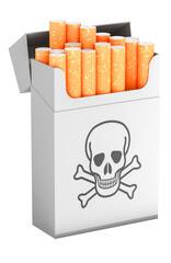 Dangers of smoking, concept. Cigarette pack with skull and crossbones. 3D rendering isolated on transparent background