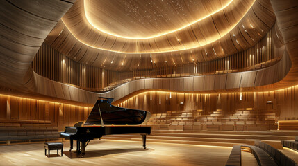Abstract design of an elegant concert hall interior with piano