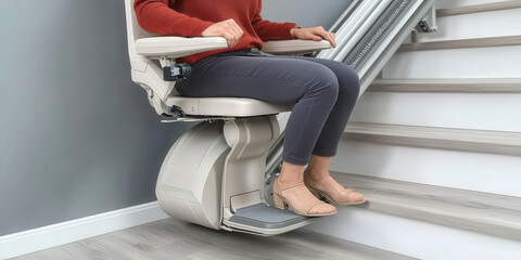 Elderly woman using stair lift in modern home