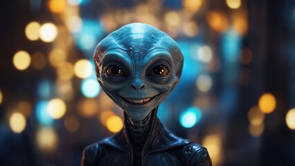 A joyful alien smiles in a vibrant cityscape filled with glowing lights during the twilight hours