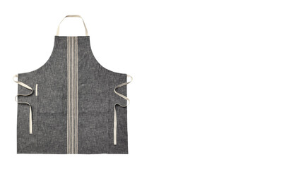 Grey apron laid out on white copy-space background.