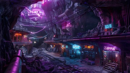 A vast metropolis built underground, with tunnels illuminated by neon lights, buildings carved into the rock and high ceilings that simulate the sky with advanced technology