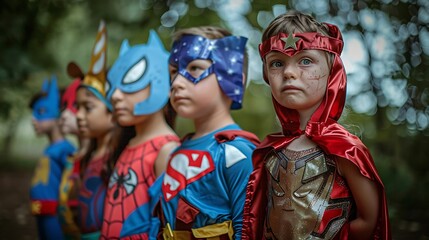 Fototapeta premium Children dressed in superhero, princess, or animal costumes, acting out a short play or story