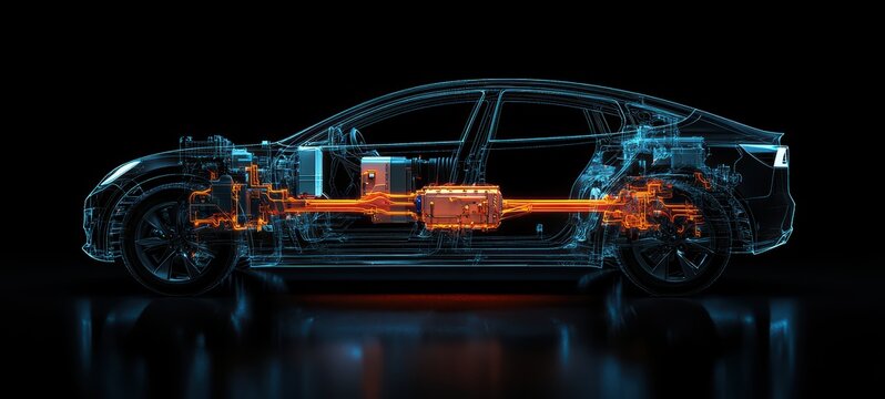 Electric car cross-section with labeled components, including cables, motors, and electrical systems