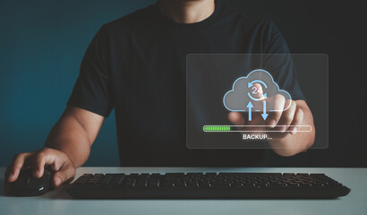 Cloud computing. Uploading process on computer screen. Cloud Data storage and processing. Backup...