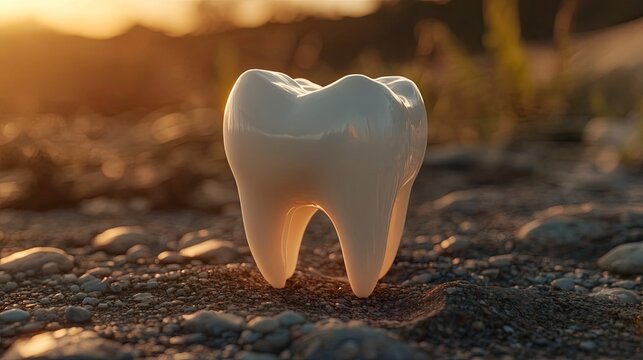 A tooth on the ground, sunset light.