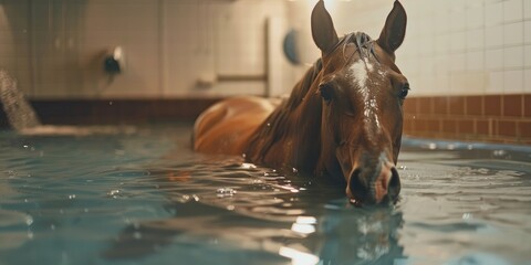 A horse participates in a supervised hydrotherapy pool session as part of its rehabilitation program