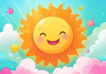 Cartoon smiling sun on white background.