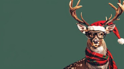 Christmas background with hipster reindeer wearing glasses, scarf and Santa Claus hat with copyspace for text on sage green backdrop. Xmas banner with modern funny reindeer design.