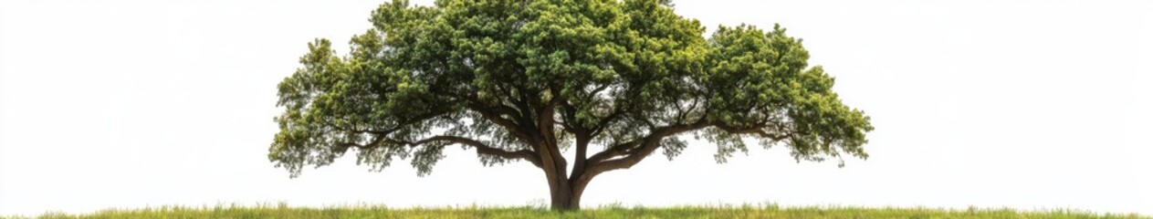 Fototapeta premium Emerald Oak Isolation: A Majestic Green Oak Tree Center Stage on a Pristine White Background, Exuding Natural Elegance