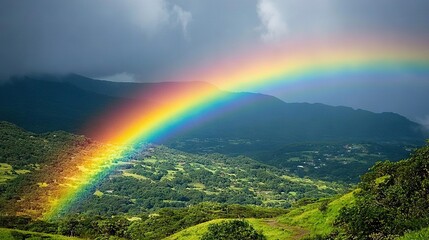   Rainbow shines bright above lush green valley and mountain range