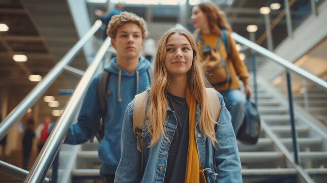 Closeup of school students walking on stairs in college building - Powered by Adobe