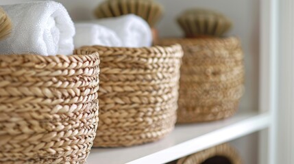 These visually striking woven baskets breathe life and character into a neutral bathroom neatly storing towels and ries.