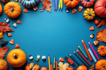 Fototapeta premium Halloween background, top view. Pumpkin and school supplies on dark table. Free copy space.