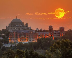 Fototapeta premium Majestic Sunset Over Historic Cityscape with Full Moon Illuminating Dome and Towers, Beautiful Evening View of Architectural Landmarks