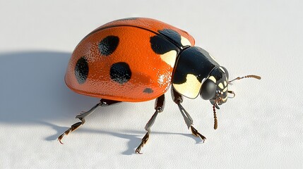 Fototapeta premium A close-up photo of a ladybug with dots on its rear legs and legs, resting on a white background