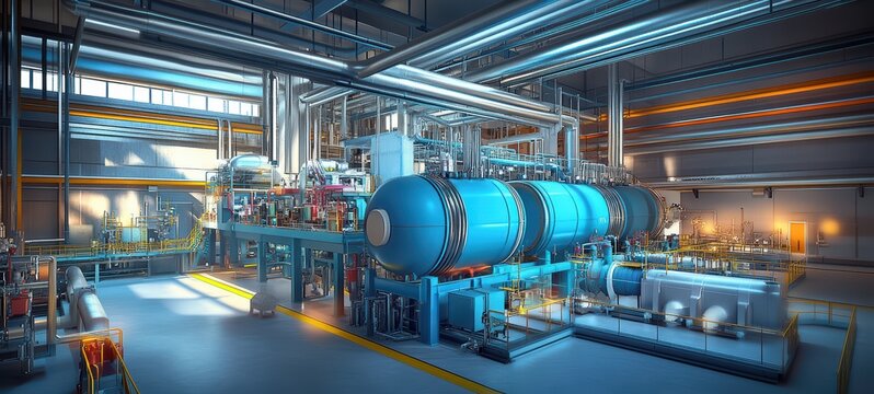 Industrial boiler room, highlighting the process of heating, energy generation, and distribution within a large facility